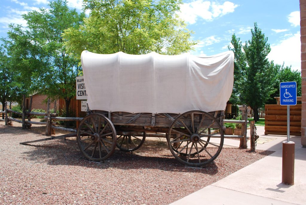 Covered wagon in a modern setting